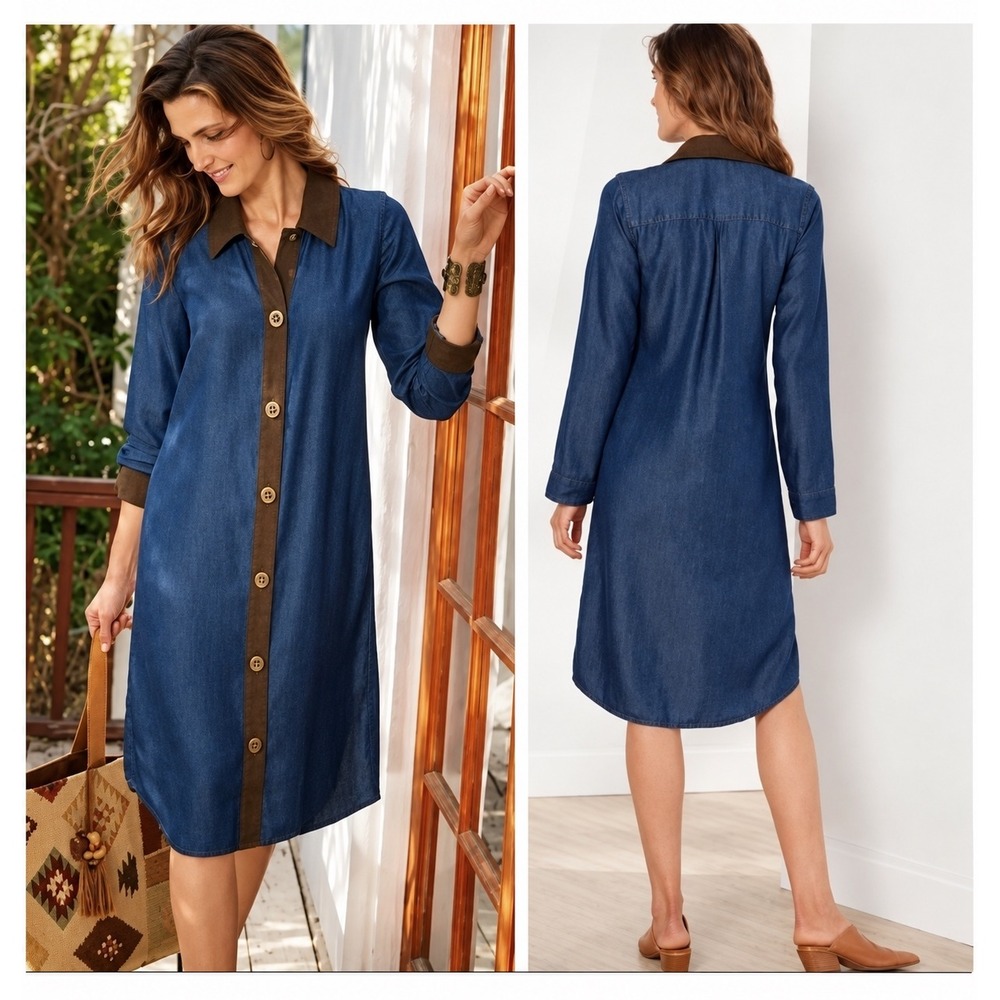 Soft Surroundings Urbina Blue Chambray Button Front Midi Dress Small